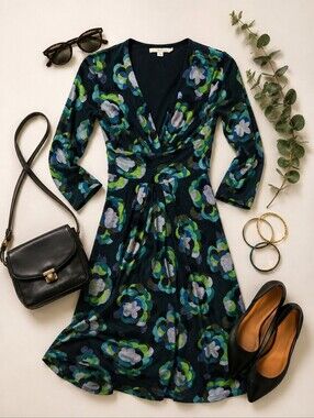 Boden Faux Wrap Green Black Floral Stretchy V Neck 3/4 Sleeve Dress. Ladies 4